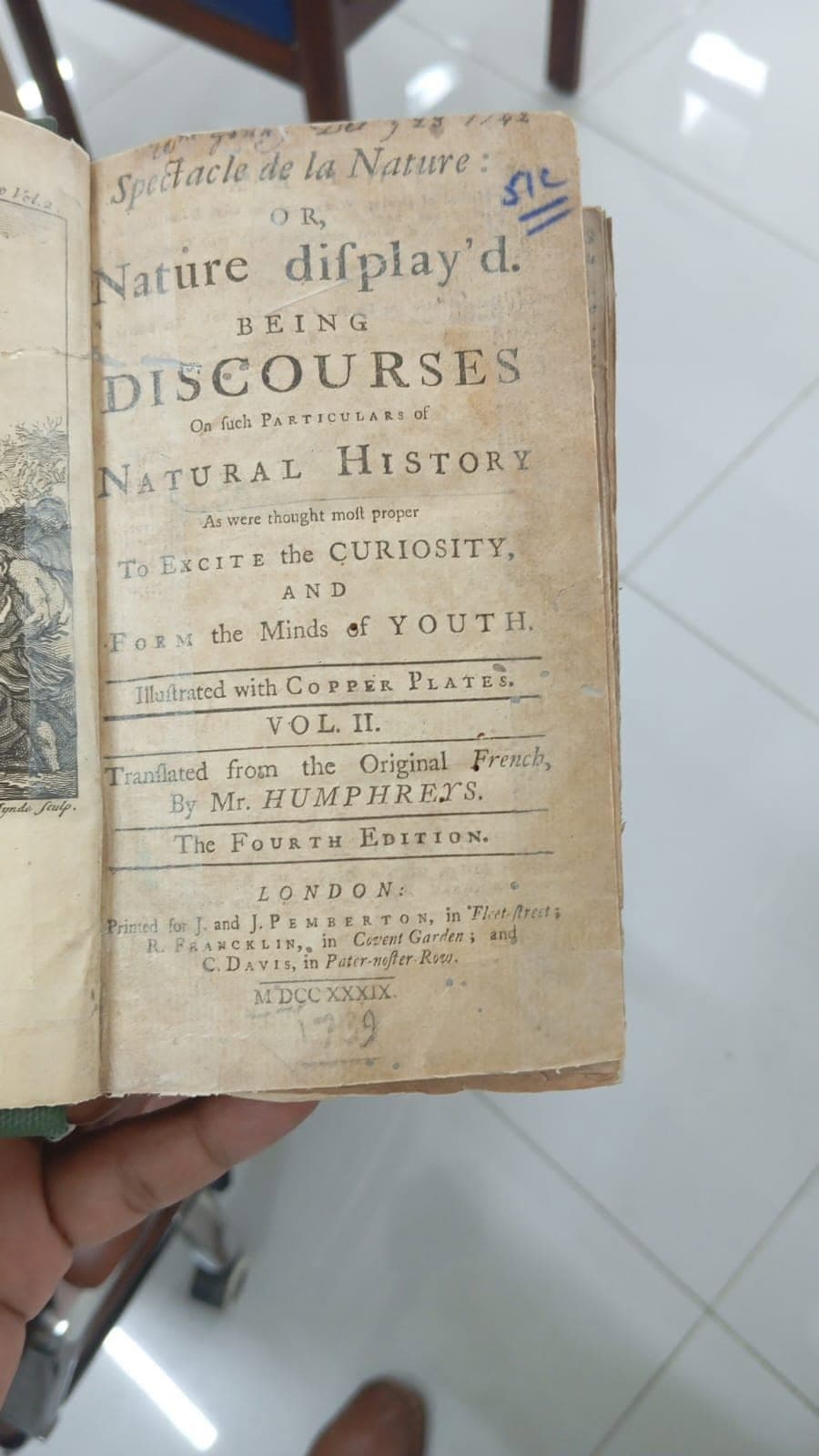 The title page of Spectacle de la Nature, Volume II, printed in London in 1739