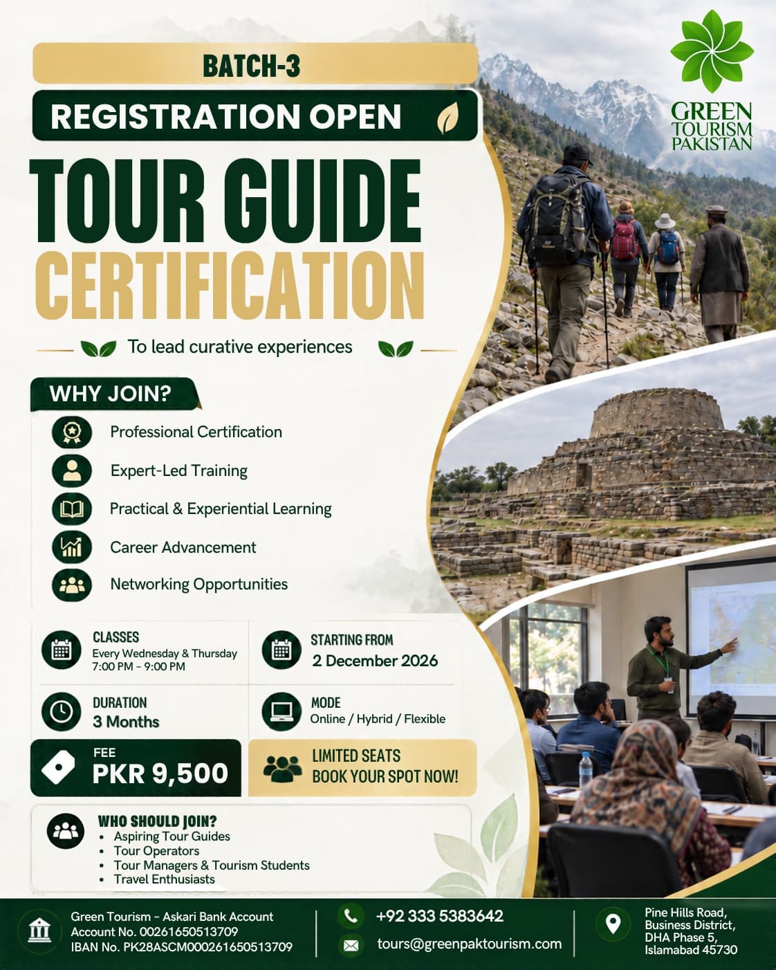 Tour Guide Certification Batch 3 poster. Trekkers on a mountain trail, the ruins of a Buddhist stupa, and a guide teaching a class at a projected map.
