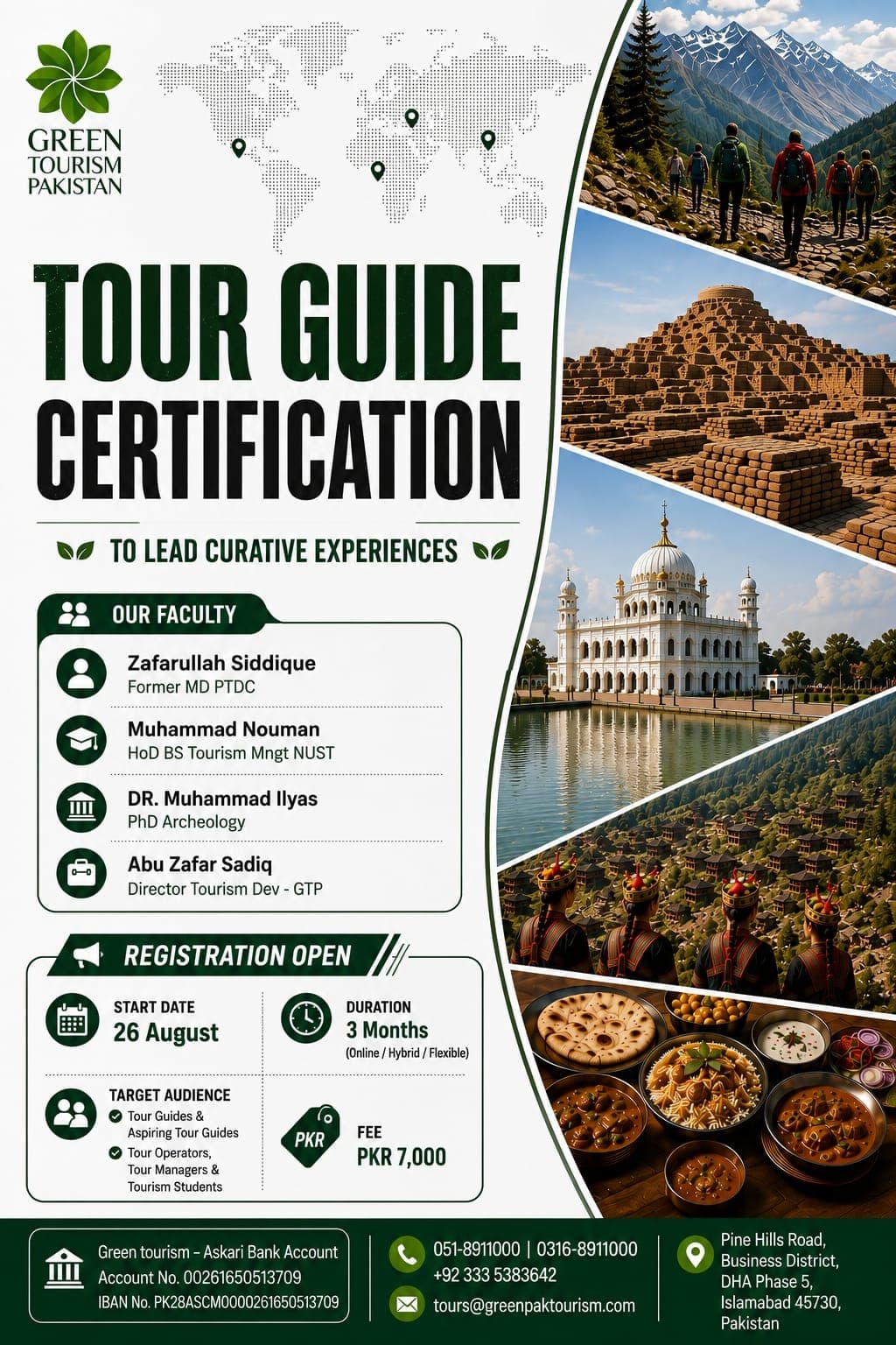 Tour Guide Certification poster. Green Tourism Pakistan branding beside photographs of trekkers on a mountain trail, Buddhist stupa ruins, a white-domed gurdwara reflected in still water, Kalasha women in traditional headdresses, and a spread of Pakistani dishes.