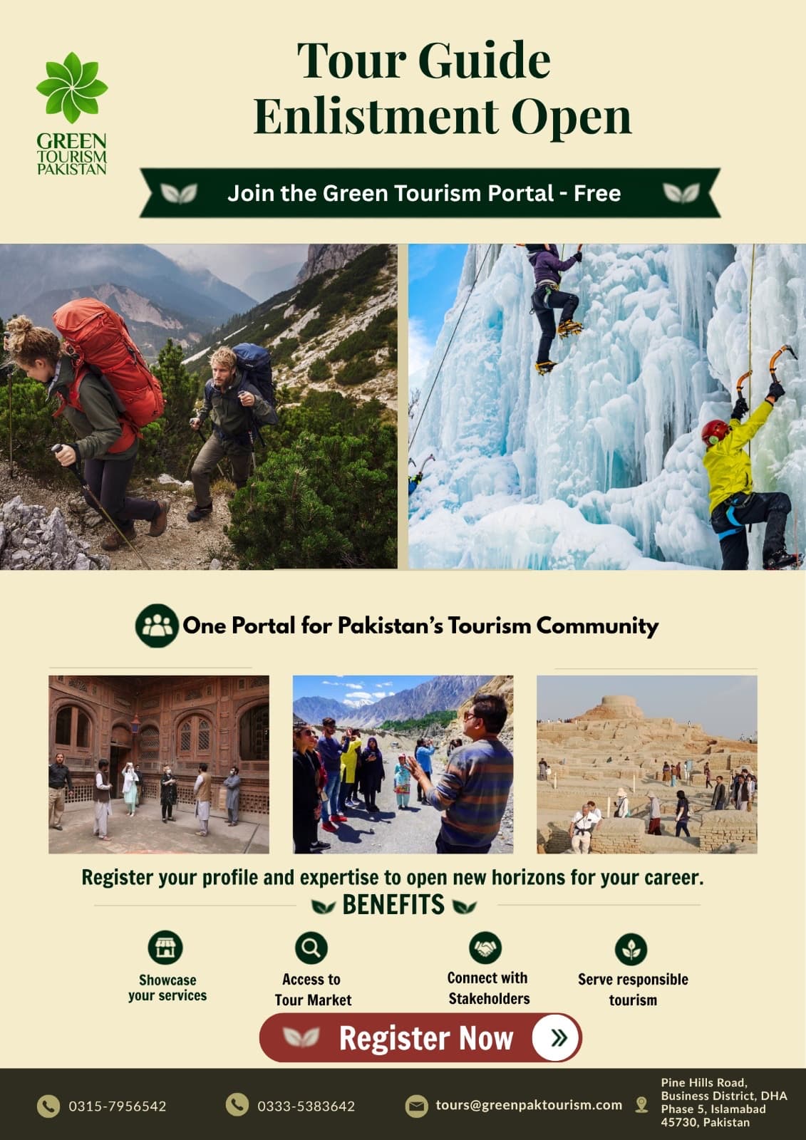 Tour Guide Enlistment poster, 'Join the Green Tourism Portal, free': hikers on a mountain trail, ice climbers on a frozen waterfall, and guides leading groups at a carved wooden haveli, a mountain roadside and an ancient stupa.