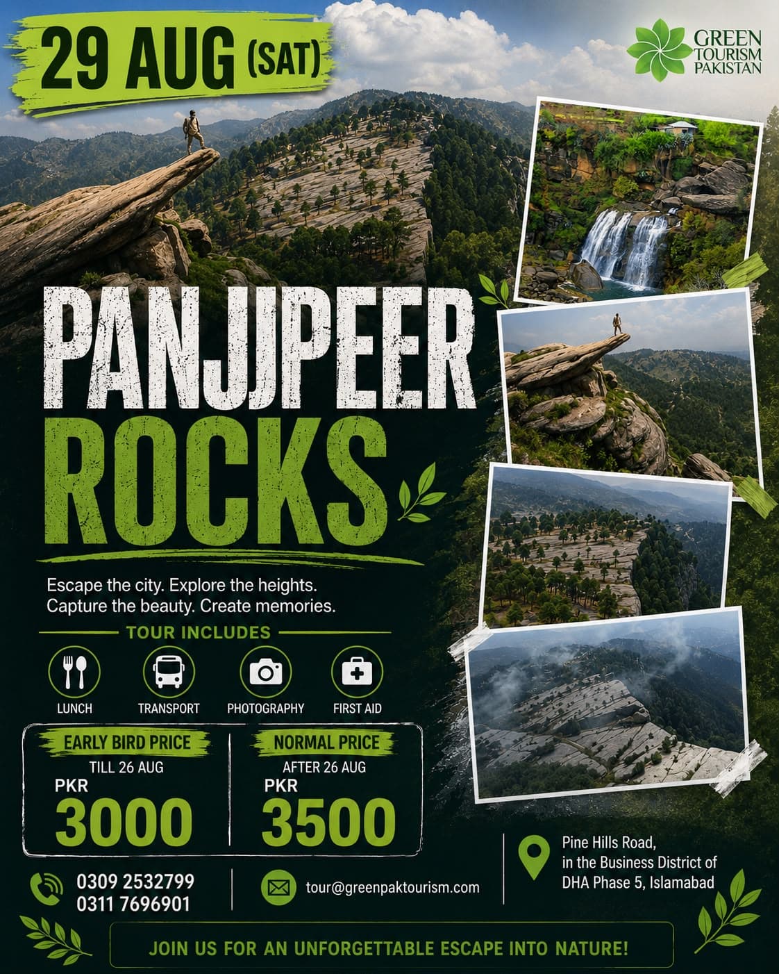 Green Tourism Pakistan Panjpeer Rocks tour poster featuring a hiker on a dramatic rock ledge, pine-covered mountains, a waterfall and aerial views of the rocky landscape.