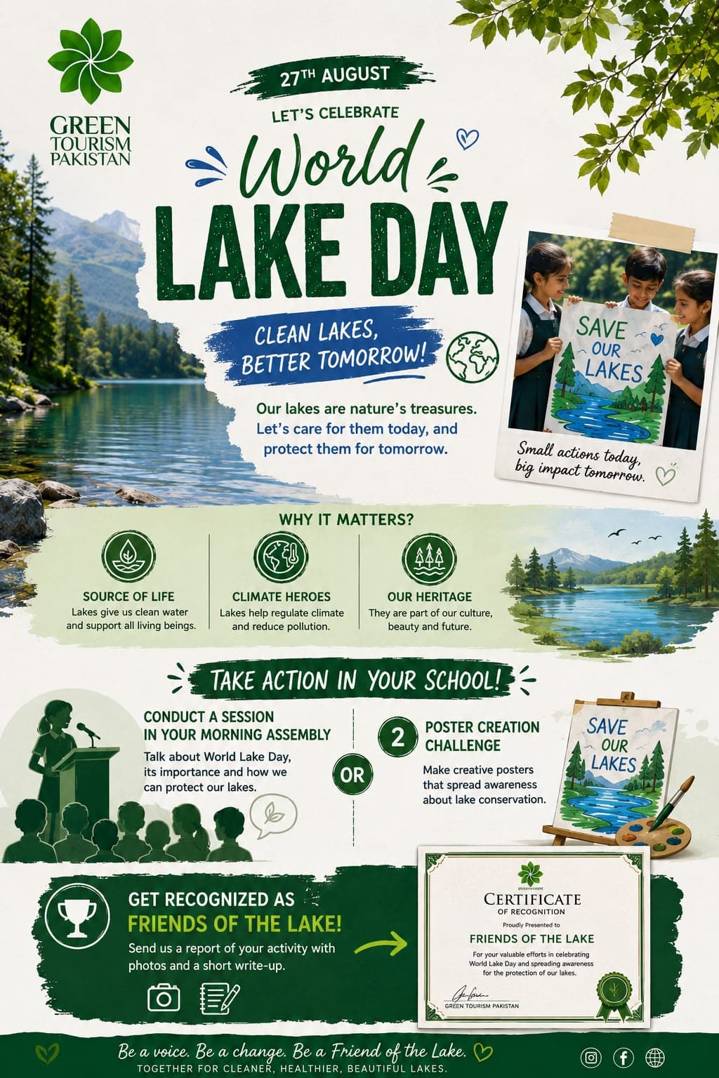 World Lake Day awareness poster by Green Tourism Pakistan featuring a mountain lake, schoolchildren promoting lake conservation, school activity ideas and Friends of the Lake recognition.