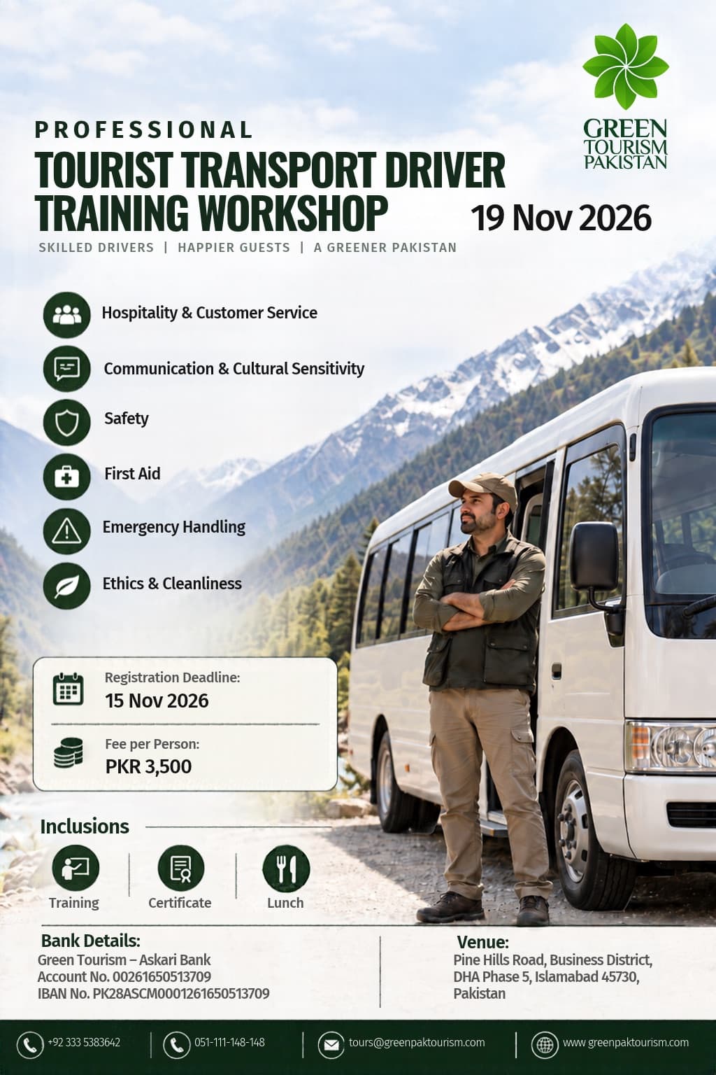 Tourist Transport Driver Training Workshop poster. A driver in a cap stands with arms folded beside a white coaster in a pine-forested mountain valley, with Green Tourism Pakistan branding.