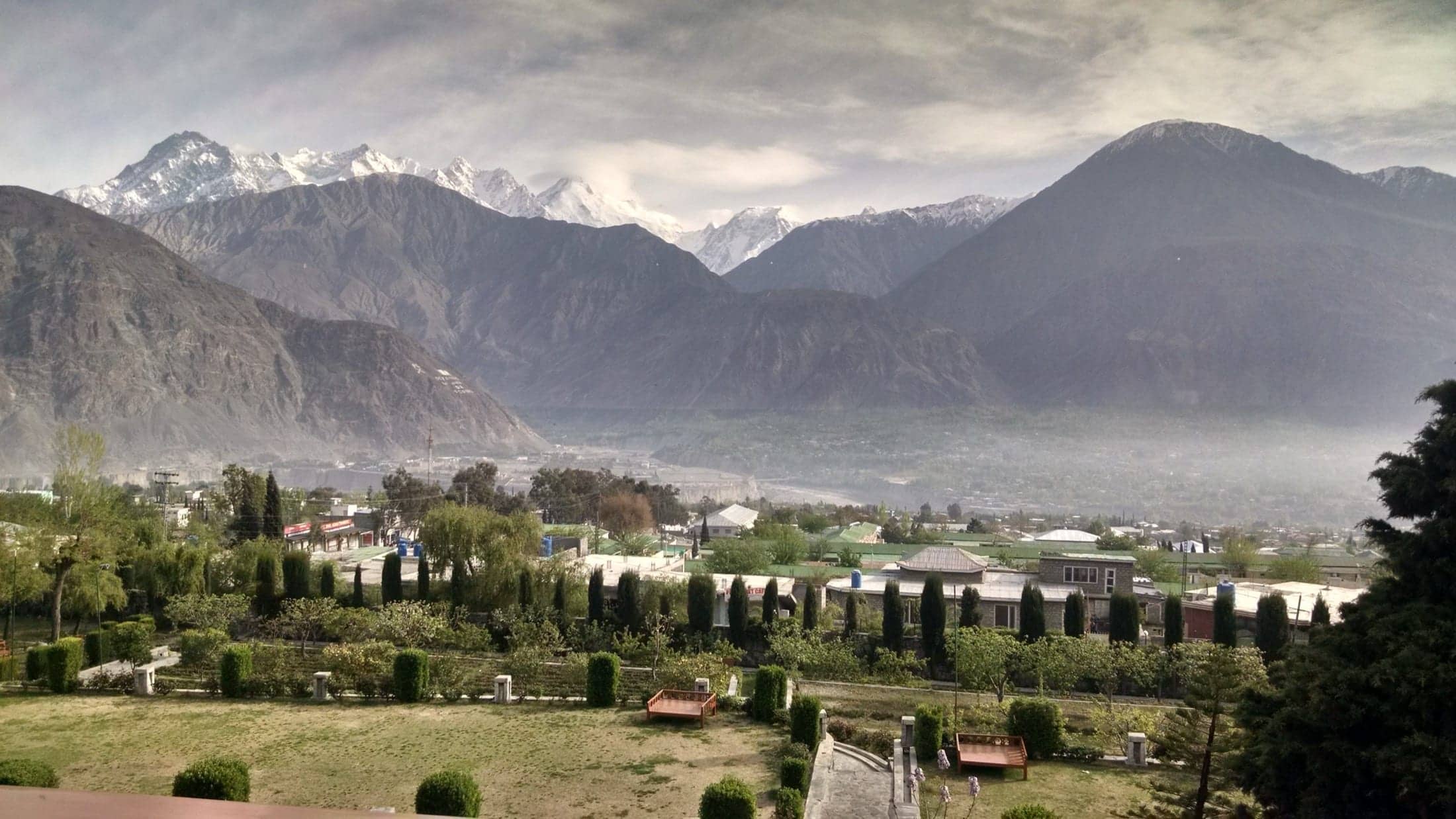 Gilgit town in its river valley surrounded by mountains