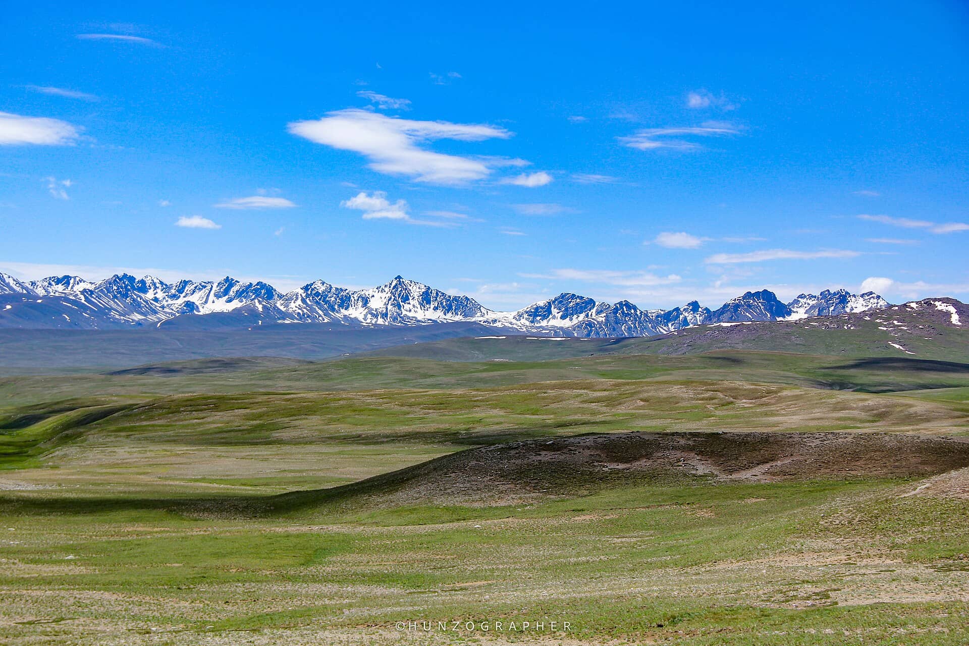 Deosai's green high-altitude plateau with distant snow peaks