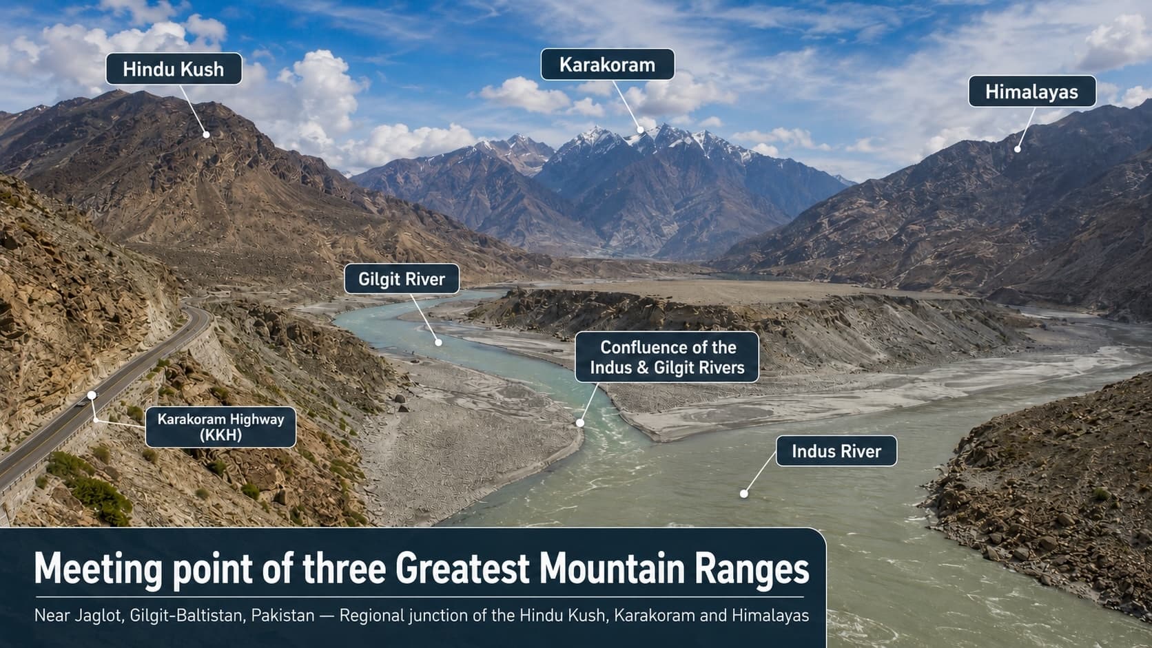 Aerial view near Jaglot, Gilgit-Baltistan, labelled to show the Hindu Kush to the west, the Karakoram to the north and the Himalayas to the east, with the Gilgit River joining the Indus at the confluence and the Karakoram Highway running along the left bank.